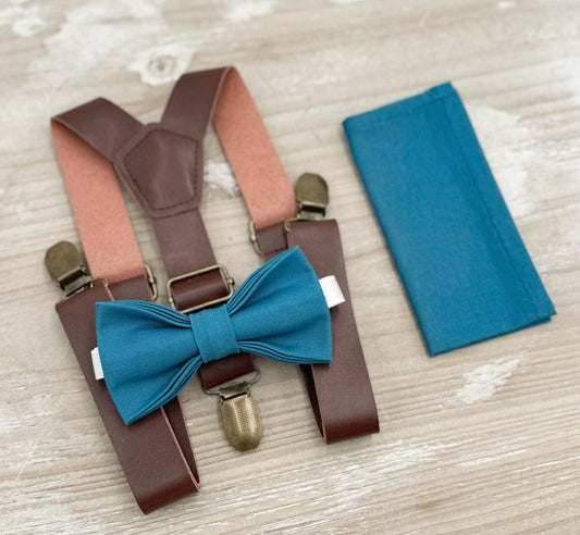 Teal Blue Bow tie & Suspenders | Leather Braces | Pocket Square | Ring Bearer Outfit | Boho Rustic Wedding