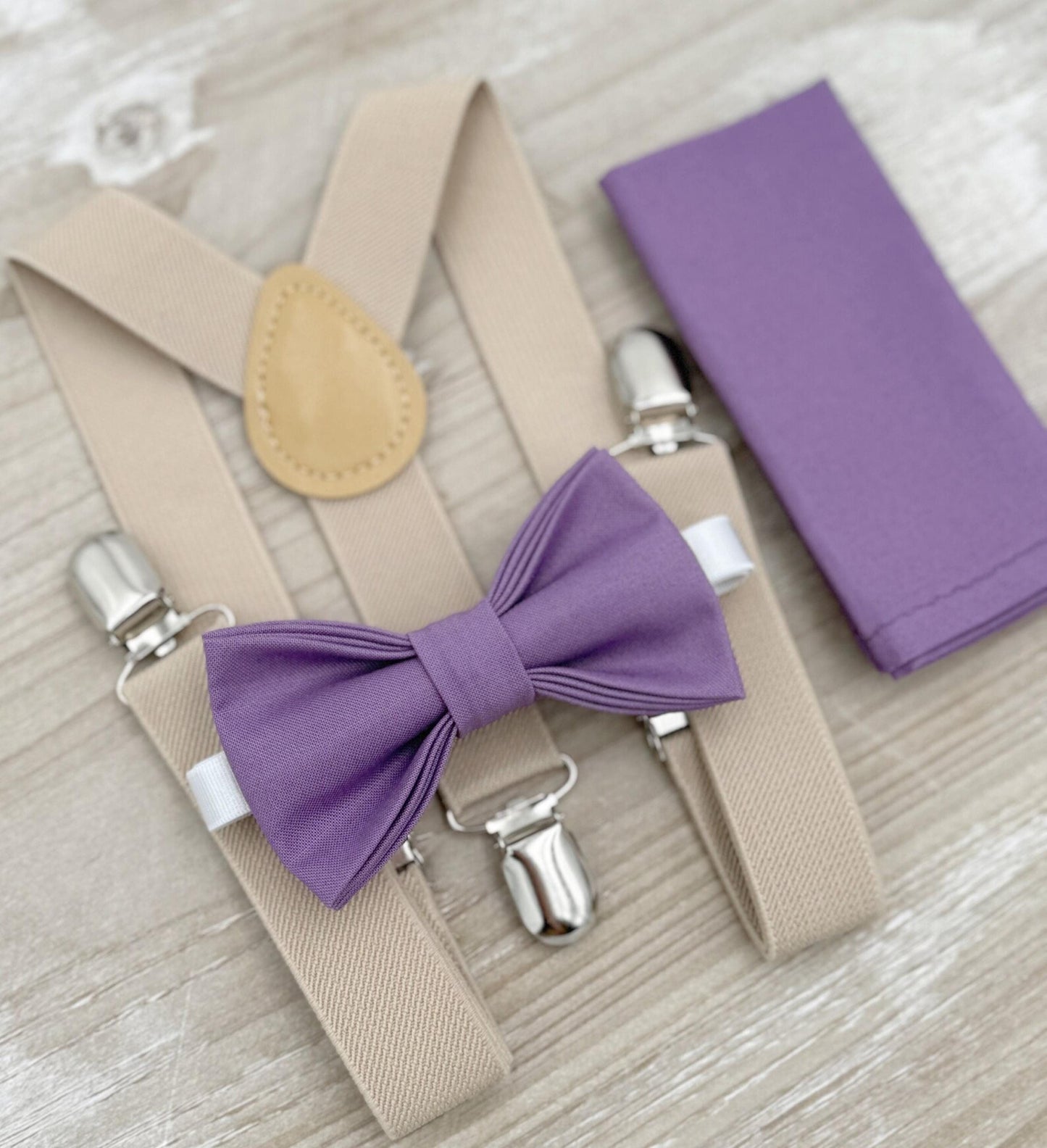 Dark Wisteria Bow tie & Suspenders | Champagne Tan Braces | Pocket Square | Ring Bearer Outfit | Boho Rustic Wedding