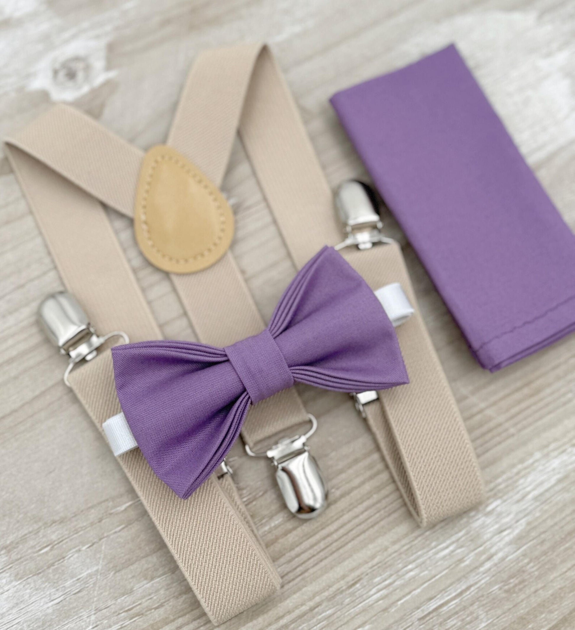 Dark Wisteria Bow tie & Suspenders | Champagne Tan Braces | Pocket Square | Ring Bearer Outfit | Boho Rustic Wedding