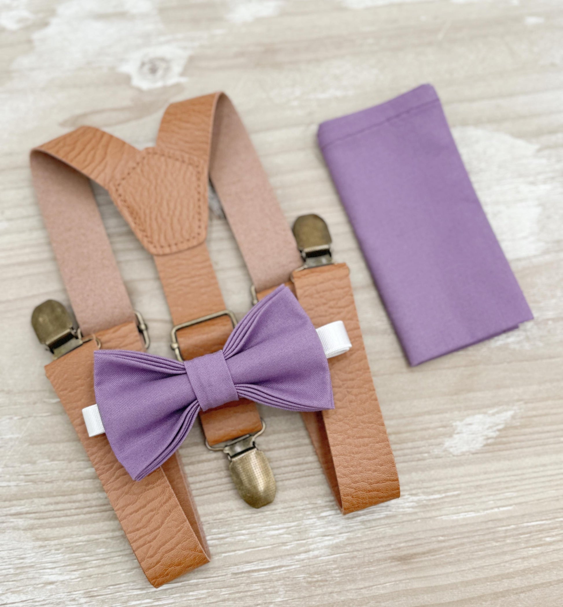 Dark Wisteria Bow tie & Suspenders | Leather Light Brown Braces | Pocket Square | Ring Bearer Outfit | Boho Rustic Wedding
