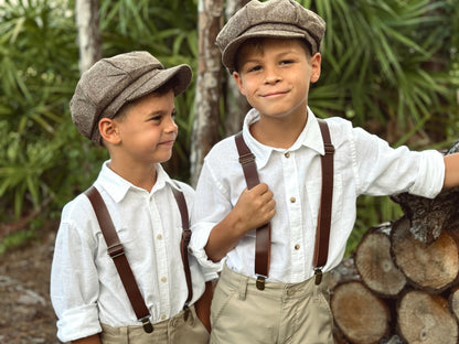 Dark Wisteria Bow tie & Suspenders | Leather Braces | Pocket Square | Ring Bearer Outfit | Boho Rustic Wedding