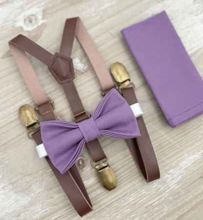 Dark Wisteria Bow tie & Suspenders | Skinny Leather Braces | Pocket Square | Ring Bearer Outfit | Boho Rustic Wedding