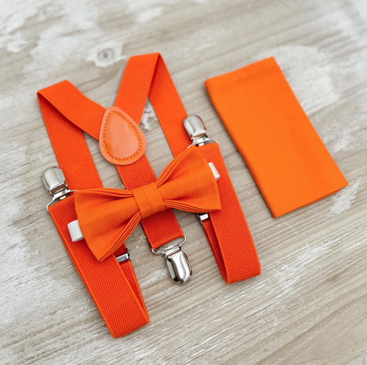 Orange Bow tie & Suspenders | Pocket Square | Groomsman Gift | Ring Bearer Outfit | Boho Rustic Wedding
