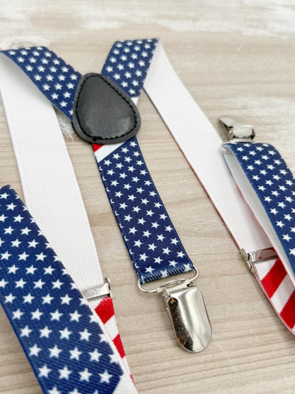 Navy Bow tie & USA Flag Suspenders | Blue BowTie | Patriotic Costume | Ring Bearer Outfit | Boho Rustic Wedding