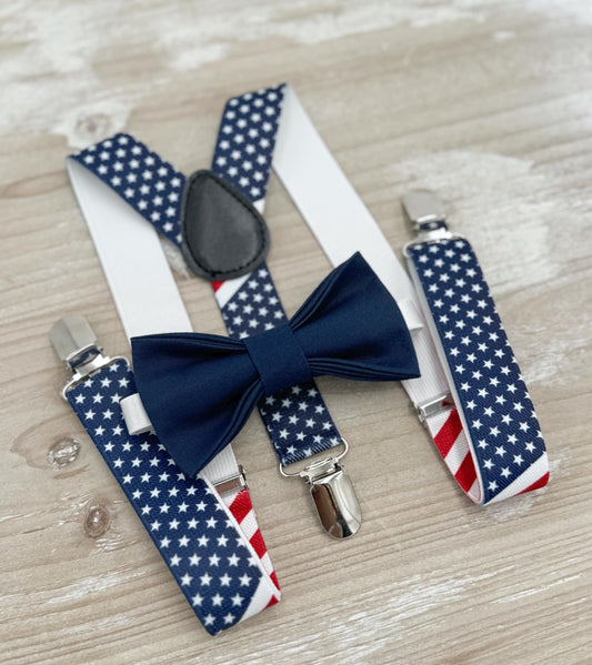 Navy Bow tie & USA Flag Suspenders | Blue BowTie | Patriotic Costume | Ring Bearer Outfit | Boho Rustic Wedding