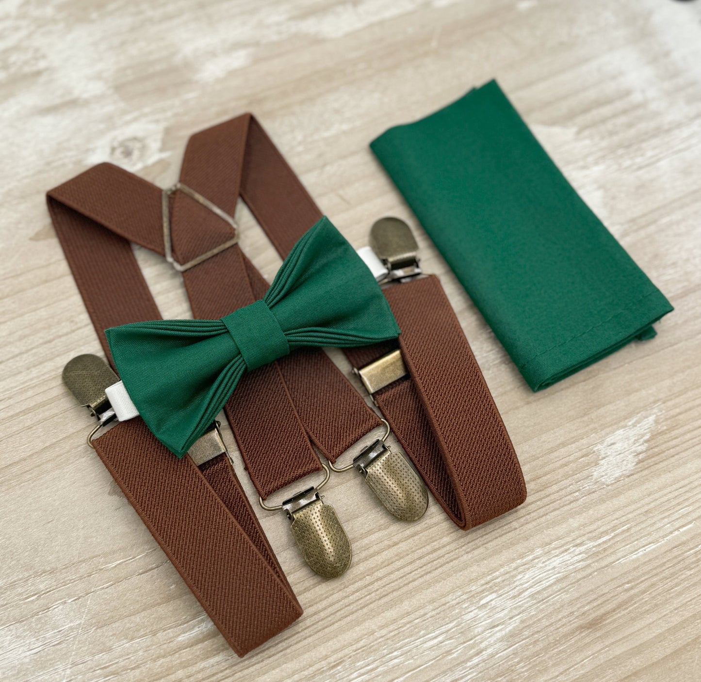 Juniper Bow tie & Suspenders | Brown X - Back Braces | Emerald Bow | Pocket Square | Ring Bearer Outfit | Boho Rustic Wedding
