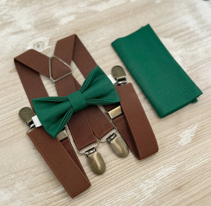 Juniper Bow tie & Suspenders | Brown X - Back Braces | Emerald Bow | Pocket Square | Ring Bearer Outfit | Boho Rustic Wedding
