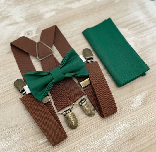 Juniper Bow tie & Suspenders | Brown X - Back Braces | Emerald Bow | Pocket Square | Ring Bearer Outfit | Boho Rustic Wedding