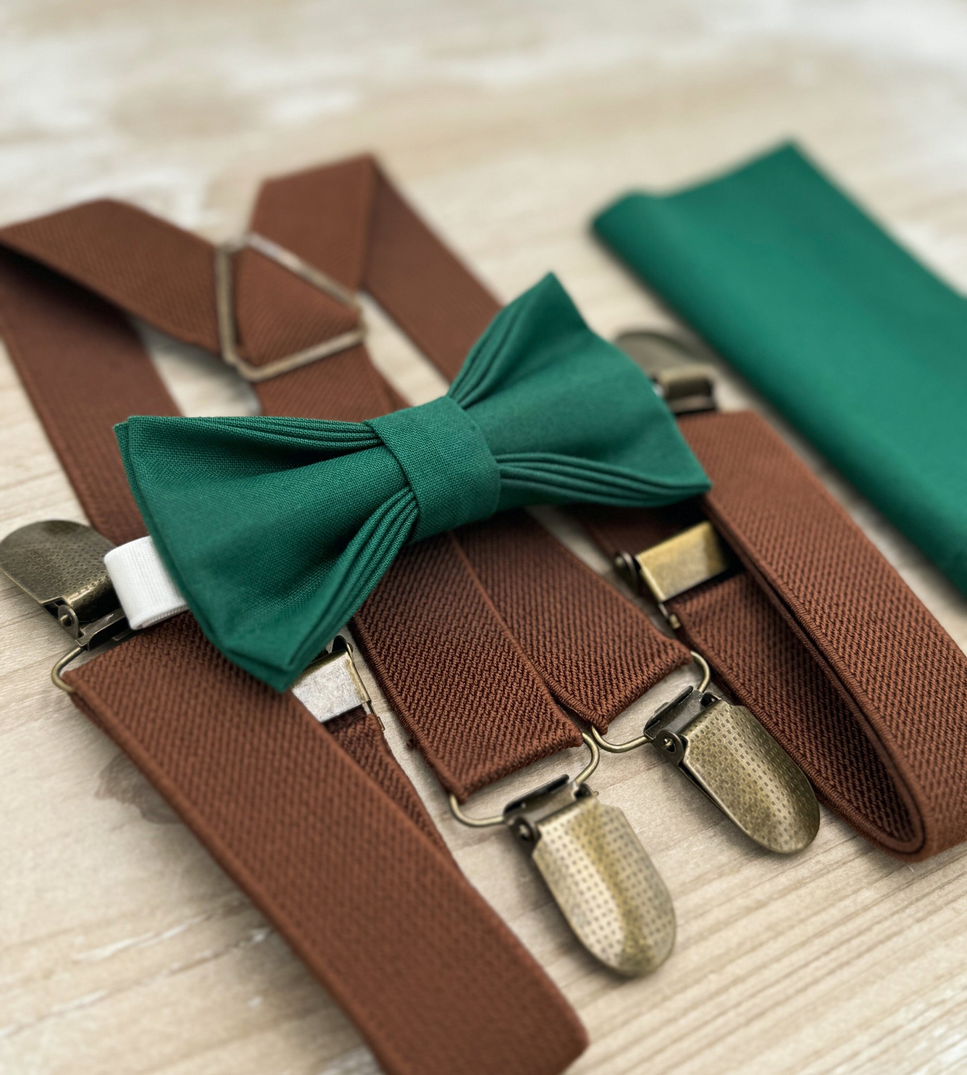 Juniper Bow tie & Suspenders | Brown X - Back Braces | Emerald Bow | Pocket Square | Ring Bearer Outfit | Boho Rustic Wedding