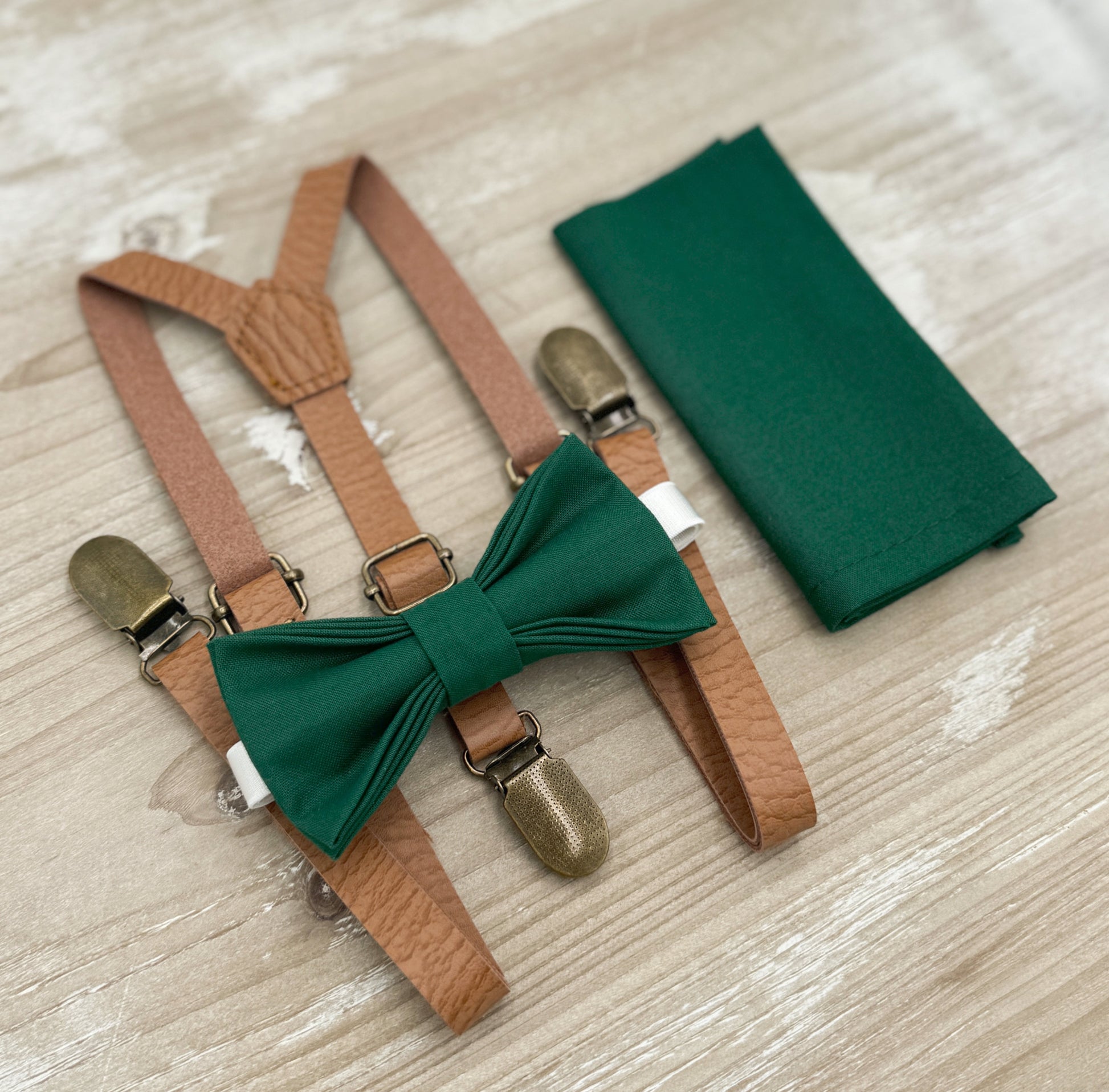 Juniper Bow tie & Suspenders | Skinny Leather Light Brown Braces | Emerald Bow | Pocket Square | Ring Bearer Outfit | Boho Rustic Wedding