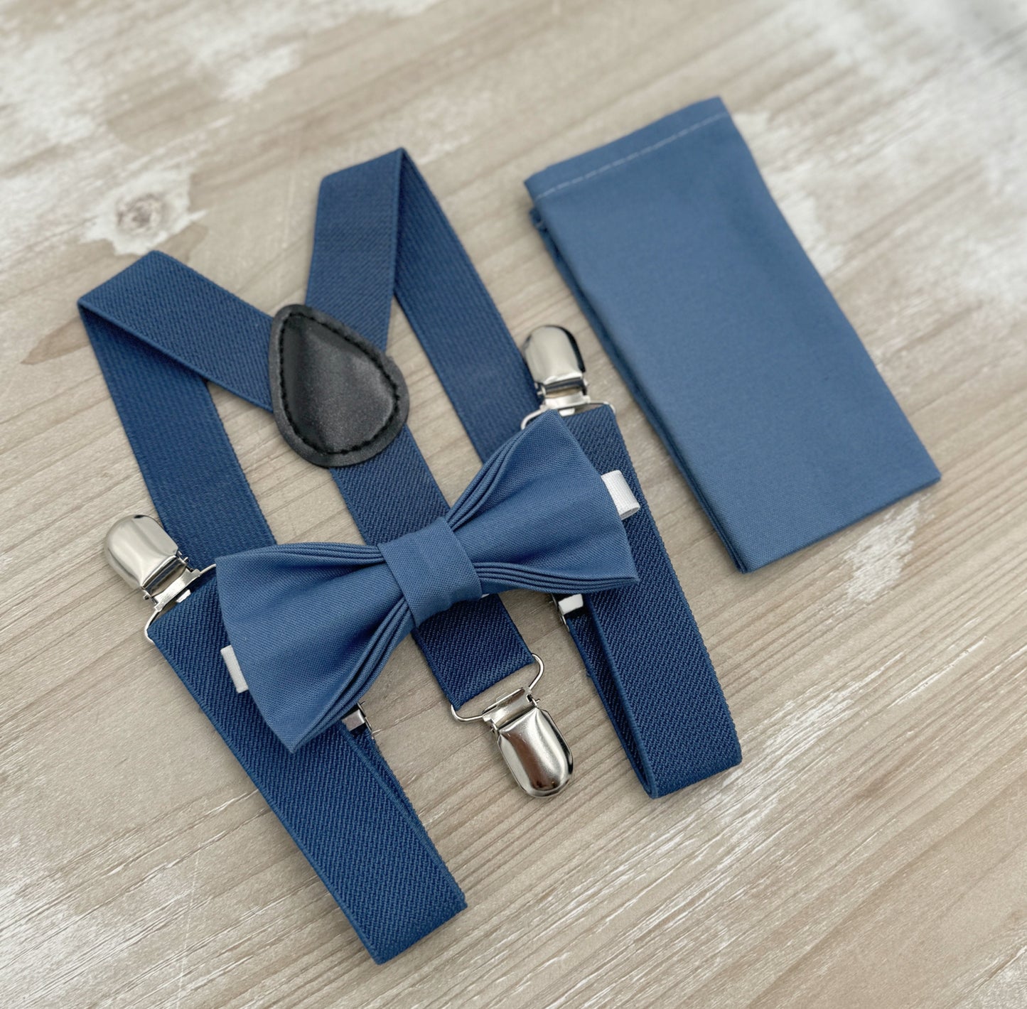 Dark Steel Blue Bow Tie & Suspenders – Ring Bearer Outfit, All Sizes Baby to Adult, Groomsman Gift, Pocket Square, Boho Wedding Set