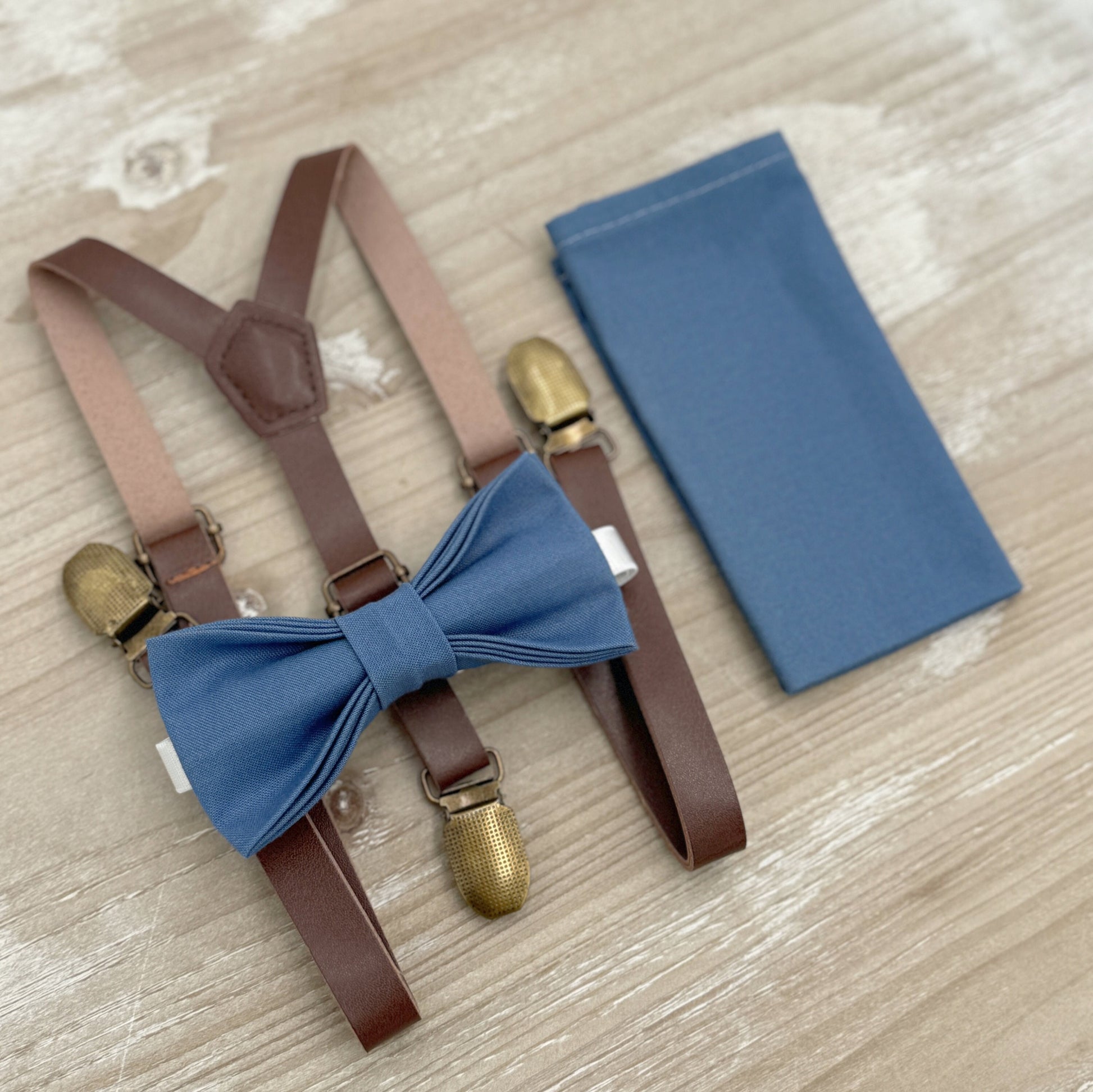 Dark Steel Bow tie & Suspenders | Skinny Leather Braces | Twilight Blue Bow | Pocket Square | Ring Bearer Outfit | Boho Rustic Wedding