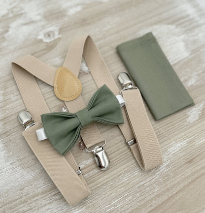 Moss Bow tie & Suspenders | Champagne Tan Braces | Eucalypt Bowtie | Pocket Square | Ring Bearer Outfit | Boho Rustic Wedding