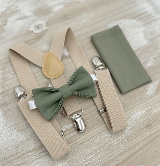 Moss Bow tie & Suspenders | Champagne Tan Braces | Eucalypt Bowtie | Pocket Square | Ring Bearer Outfit | Boho Rustic Wedding