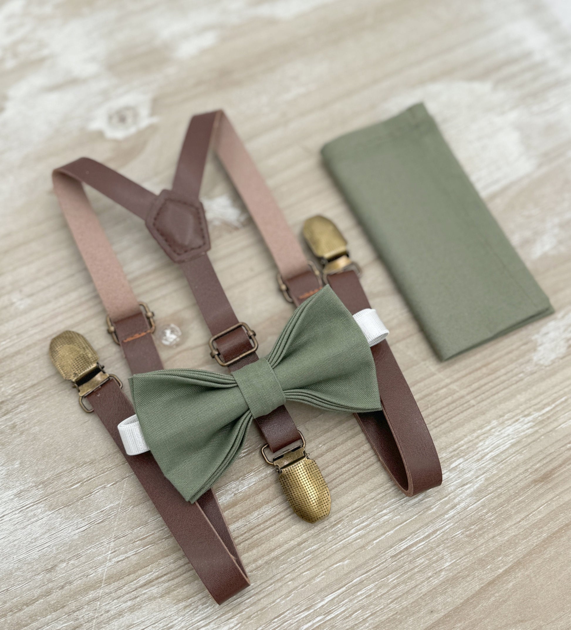 Moss Bow tie & Suspenders | Skinny Leather Braces | Eucalypt Bowtie | Pocket Square | Ring Bearer Outfit | Boho Rustic Wedding