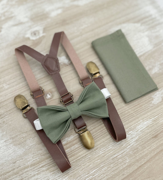 Moss Bow tie & Suspenders | Skinny Leather Braces | Eucalypt Bowtie | Pocket Square | Ring Bearer Outfit | Boho Rustic Wedding