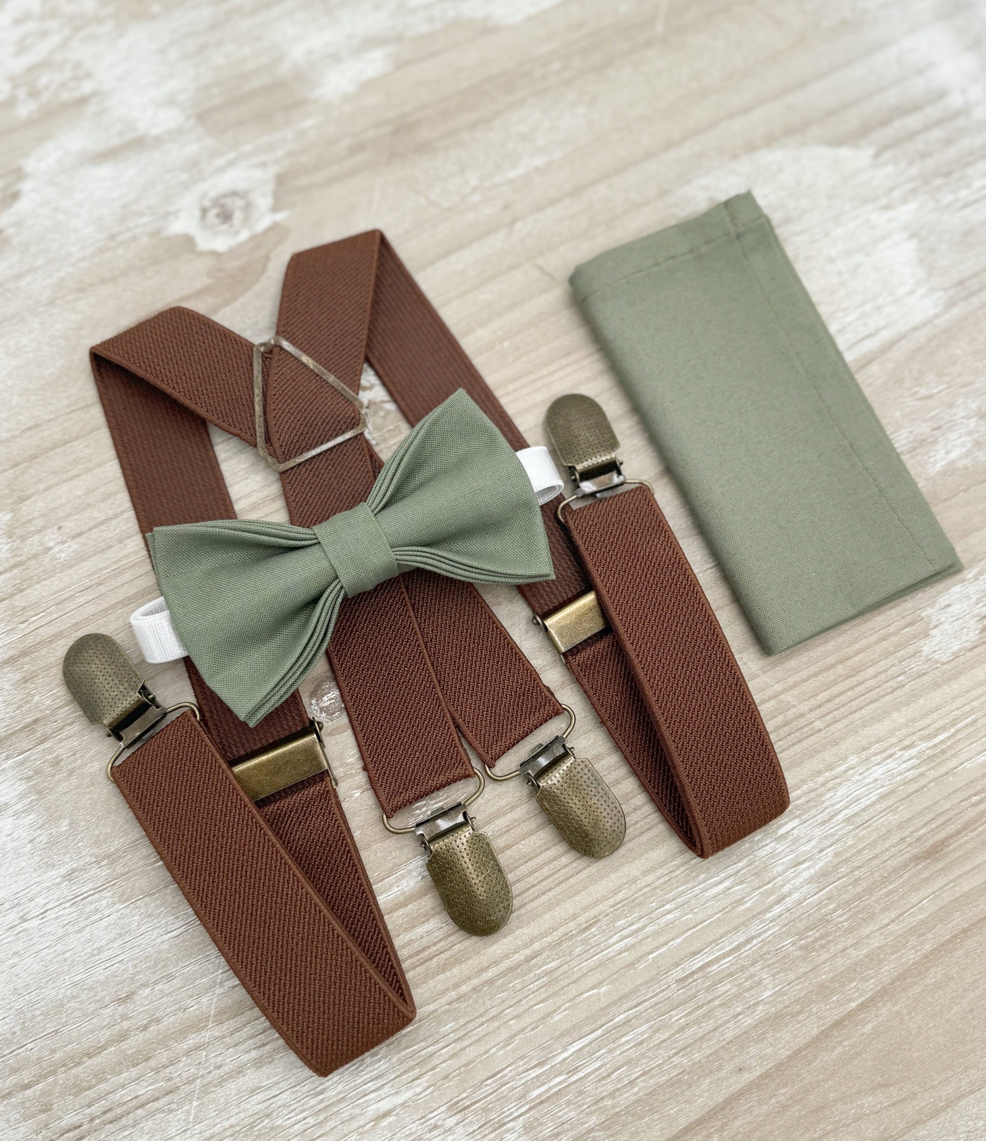 Moss Bow tie & Suspenders | Brown X - Back Braces | Eucalypt Bowtie | Pocket Square | Ring Bearer Outfit | Boho Rustic Wedding