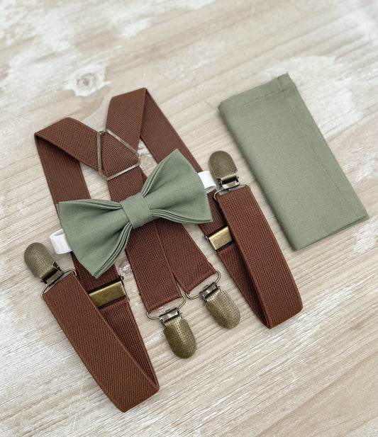 Moss Bow tie & Suspenders | Brown X - Back Braces | Eucalypt Bowtie | Pocket Square | Ring Bearer Outfit | Boho Rustic Wedding