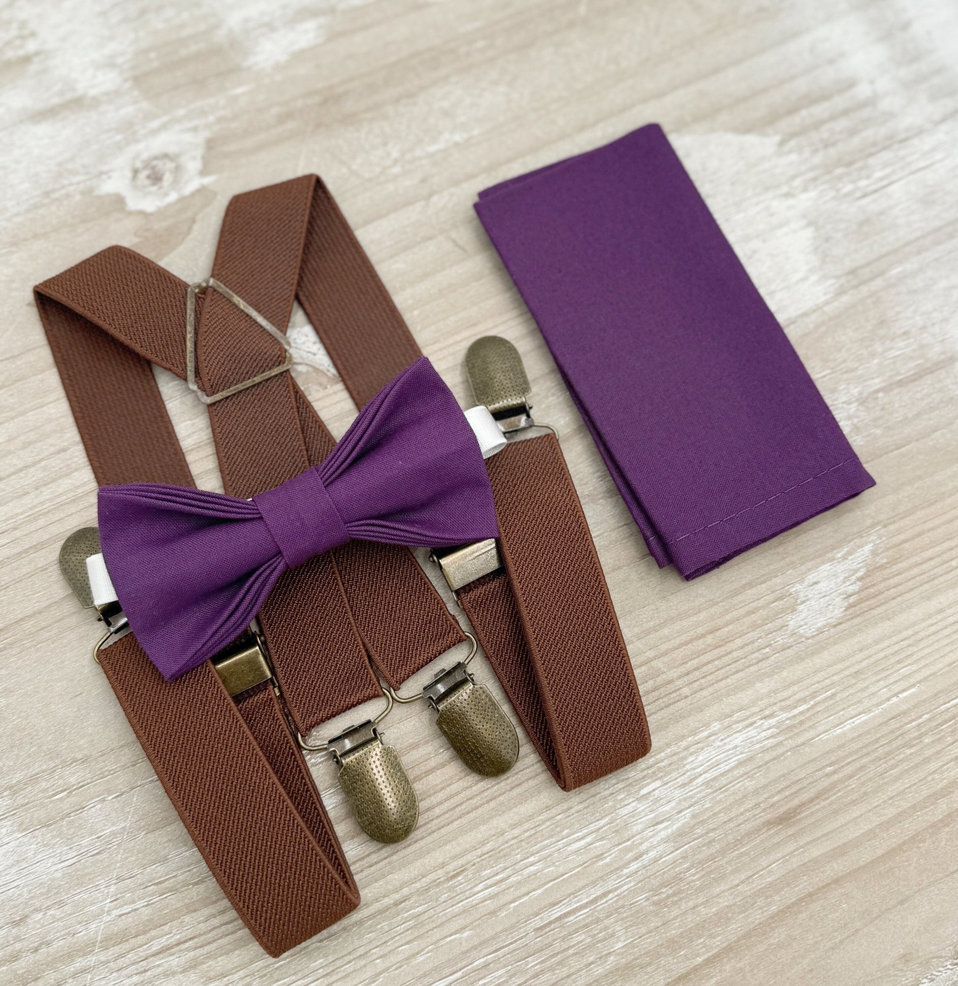 Plum Bow tie & Suspenders | Brown X - Back Braces | Grape Bowtie | Pocket Square | Ring Bearer Outfit | Boho Rustic Wedding Set