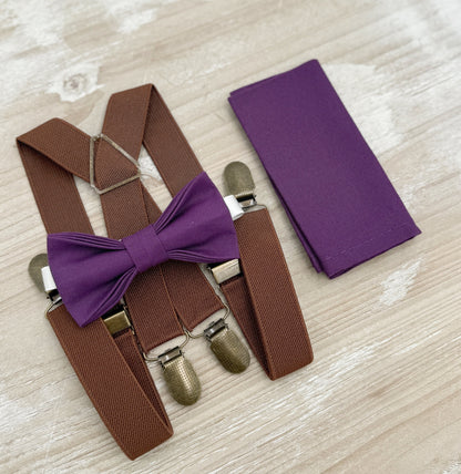 Plum Bow tie & Suspenders | Brown X - Back Braces | Grape Bowtie | Pocket Square | Ring Bearer Outfit | Boho Rustic Wedding Set