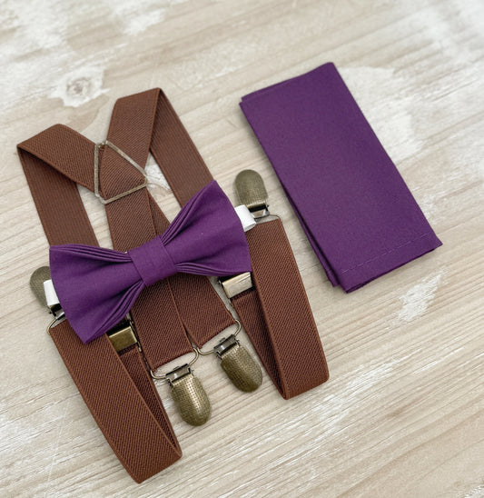 Plum Bow tie & Suspenders | Brown X - Back Braces | Grape Bowtie | Pocket Square | Ring Bearer Outfit | Boho Rustic Wedding Set