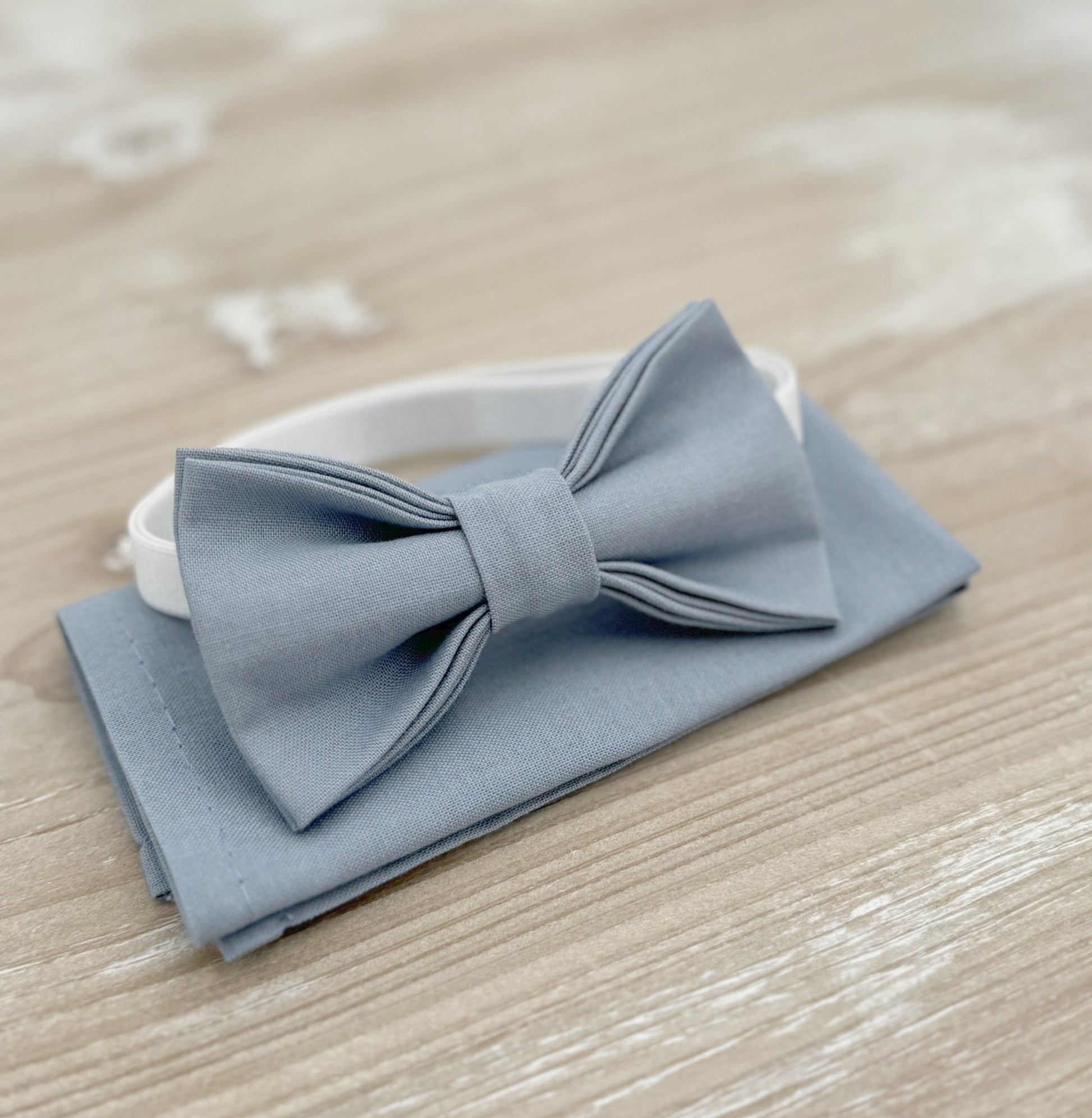 Dusty Blue Bow Tie & Suspenders – All Sizes for Boys and Men, Brown Vegan Leather Braces, Pocket Square, Ring Bearer, Boho Rustic Wedding