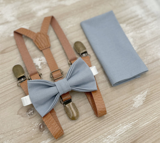 Dusty Blue Bow Tie & Suspenders – All Sizes for Boys and Men, Skinny Leather Braces, Pocket Square, Ring Bearer, Boho Rustic Wedding