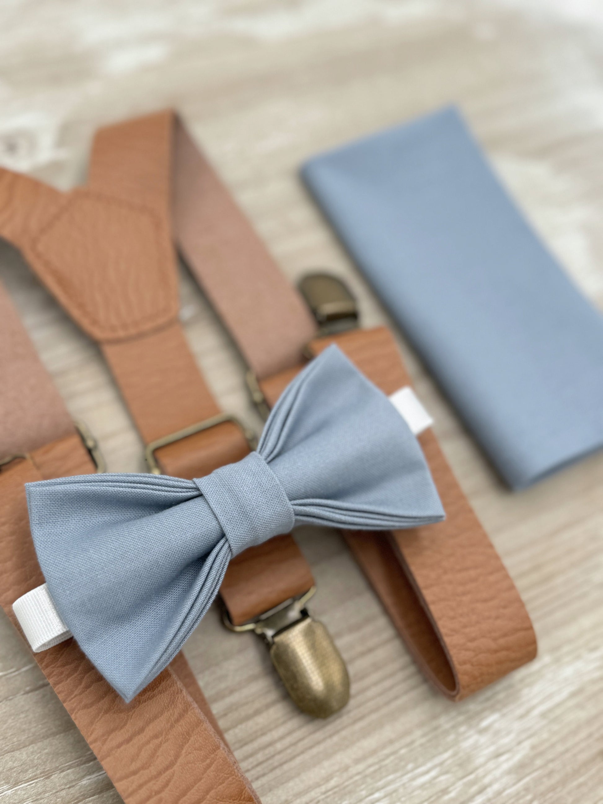 Dusty Blue Bow tie & Suspenders | Light Brown Leather Braces | Pocket Square | Ring Bearer Outfit | Boho Rustic Wedding