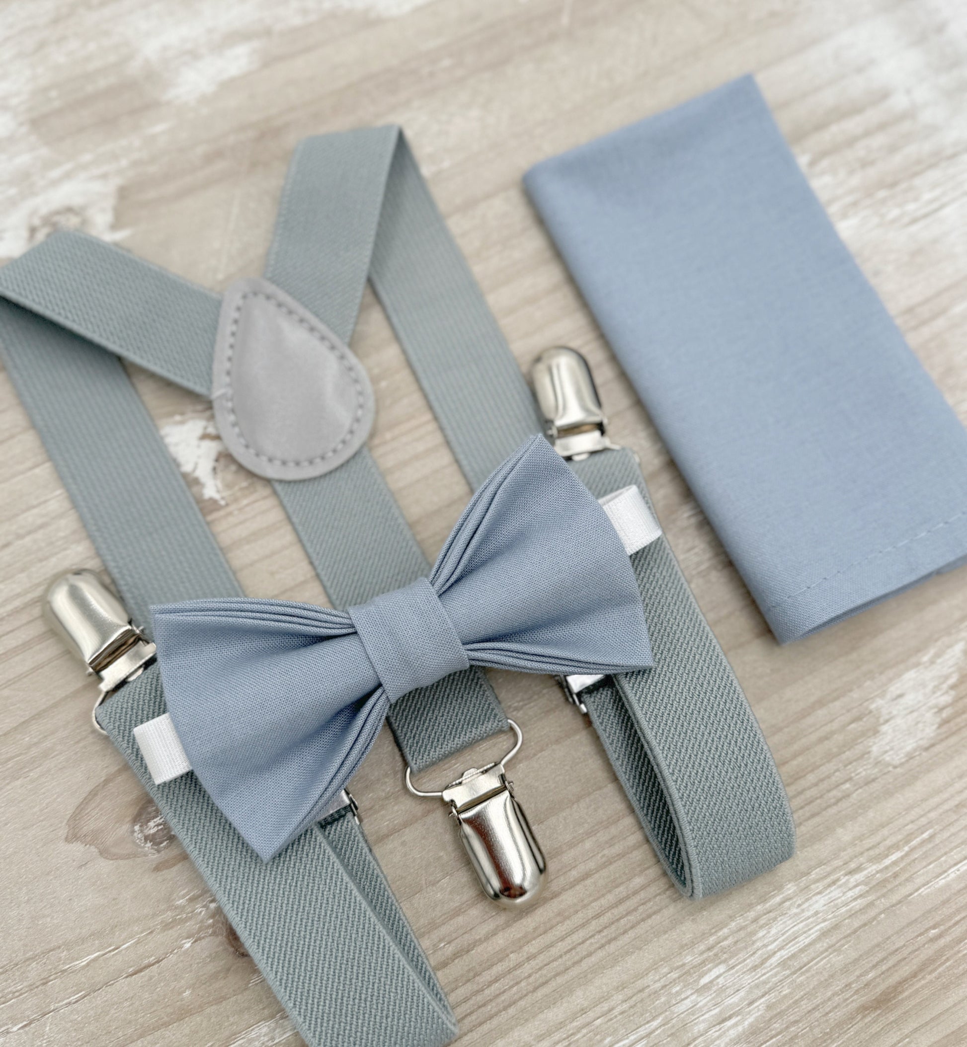 Dusty Blue Bow tie & Suspenders | Dusty Gray Braces | Pocket Square | Ring Bearer Outfit | Boho Rustic Wedding