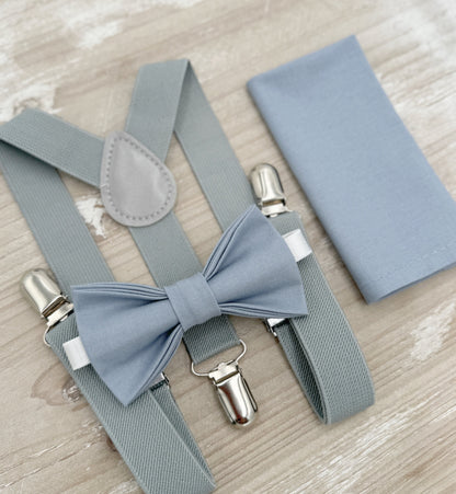 Dusty Blue Bow tie & Suspenders | Dusty Gray Braces | Pocket Square | Ring Bearer Outfit | Boho Rustic Wedding