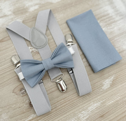 Dusty Blue Bow tie & Suspenders | Slight Gray Braces | Pocket Square | Ring Bearer Outfit | Boho Rustic Wedding