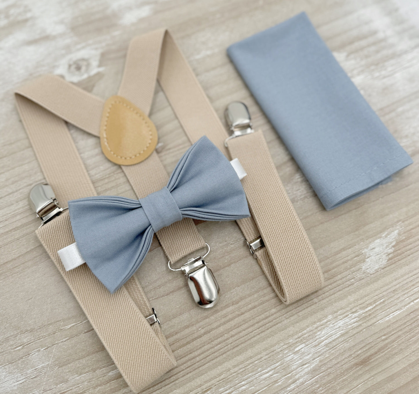 Dusty Blue Bow tie & Suspenders | Champagne Tan Braces | Pocket Square | Ring Bearer Outfit | Boho Rustic Wedding