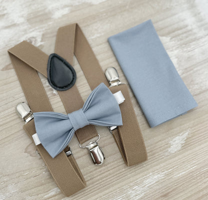 Dusty Blue Bow Tie & Suspenders – All Sizes for Boys and Men, Taupe Braces, Pocket Square, Ring Bearer, Boho Rustic Wedding