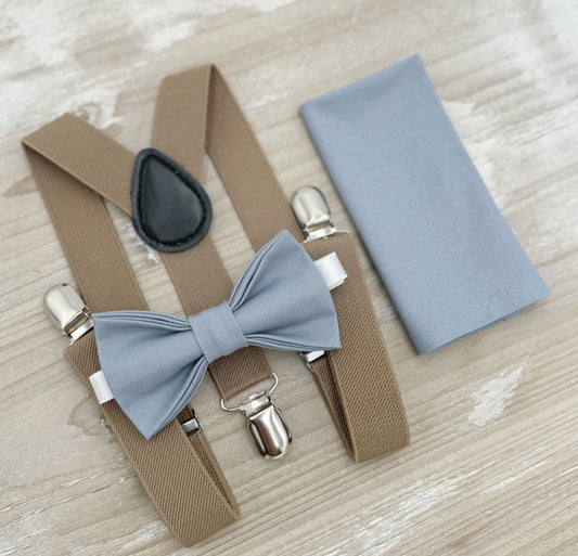 Dusty Blue Bow Tie & Suspenders – All Sizes for Boys and Men, Taupe Braces, Pocket Square, Ring Bearer, Boho Rustic Wedding