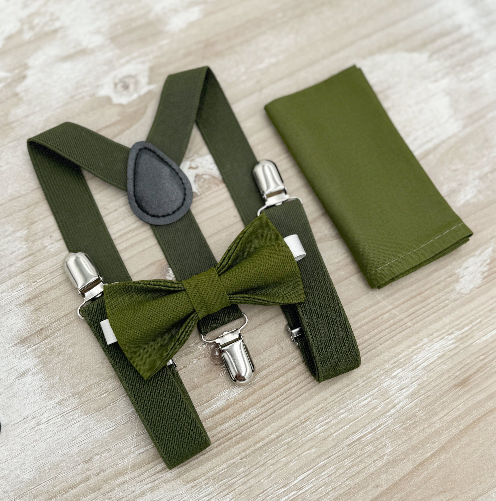 Olive Bow tie & Suspenders, Pocket Square, Dark Green Bowtie, Ring Bearer Outfit, Boho Rustic Wedding
