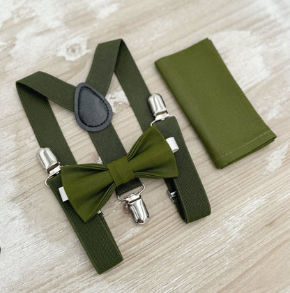 Olive Bow tie & Suspenders, Pocket Square, Dark Green Bowtie, Ring Bearer Outfit, Boho Rustic Wedding