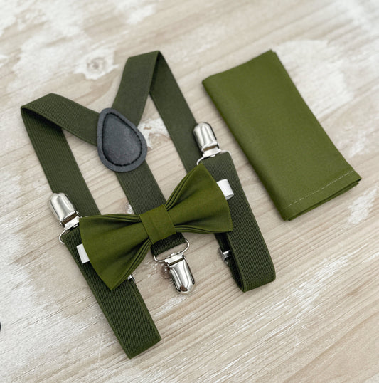 Olive Bow tie & Suspenders, Pocket Square, Dark Green Bowtie, Ring Bearer Outfit, Boho Rustic Wedding