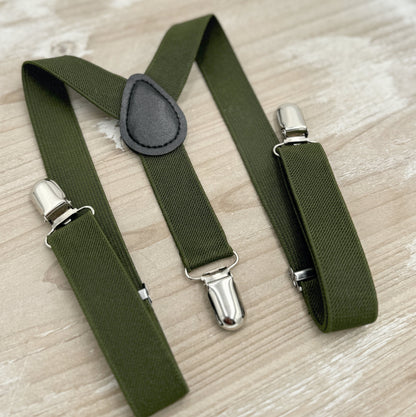 Olive Bow tie & Suspenders | Pocket Square | Dark Green Bowtie | Ring Bearer Outfit | Boho Rustic Wedding