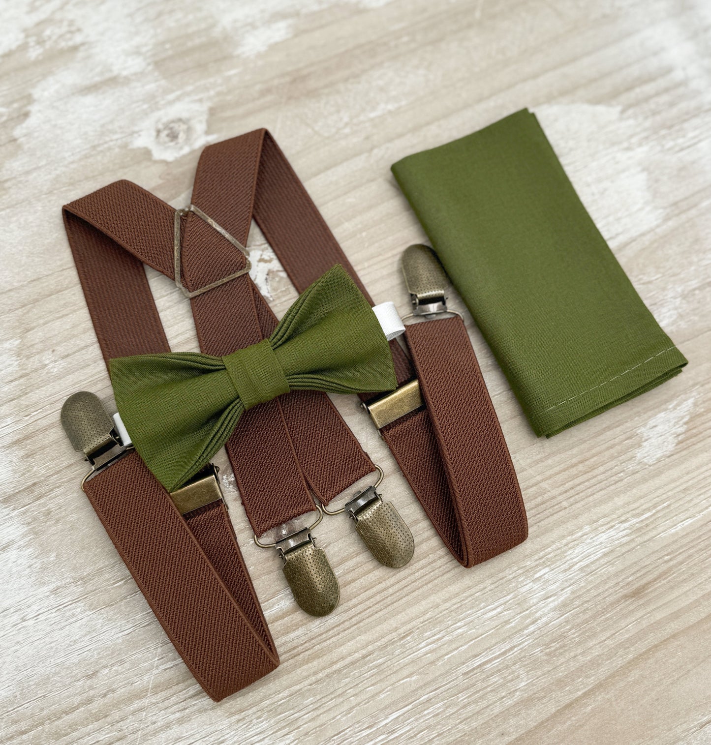 Olive Bow tie & Suspenders | Brown X - Back Braces | Pocket Square | Ring Bearer Outfit | Boho Rustic Wedding