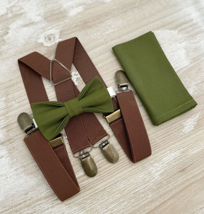Olive Bow tie & Suspenders | Brown X - Back Braces | Pocket Square | Ring Bearer Outfit | Boho Rustic Wedding