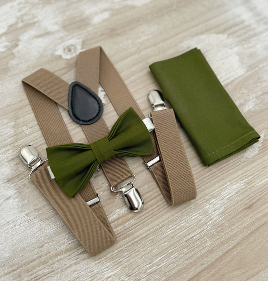 Olive Bow tie & Suspenders | Taupe Braces | Pocket Square | Ring Bearer Outfit | Mens and Boys BowTie | Boho Rustic Wedding
