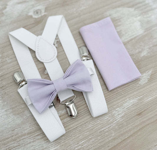 Iris Bow tie & Suspenders | White Braces | Pocket Square | Ring Bearer Outfit | Boho Rustic Wedding