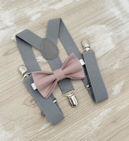 Dusty Mauve Bow tie & Suspenders | Gray Braces | Quartz Bowtie | Pocket Square | Ring Bearer Outfit | Boho Rustic Wedding