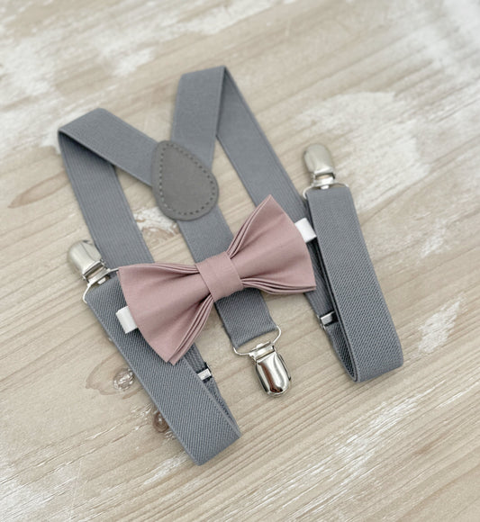 Dusty Mauve Bow tie & Suspenders | Gray Braces | Quartz Bowtie | Pocket Square | Ring Bearer Outfit | Boho Rustic Wedding