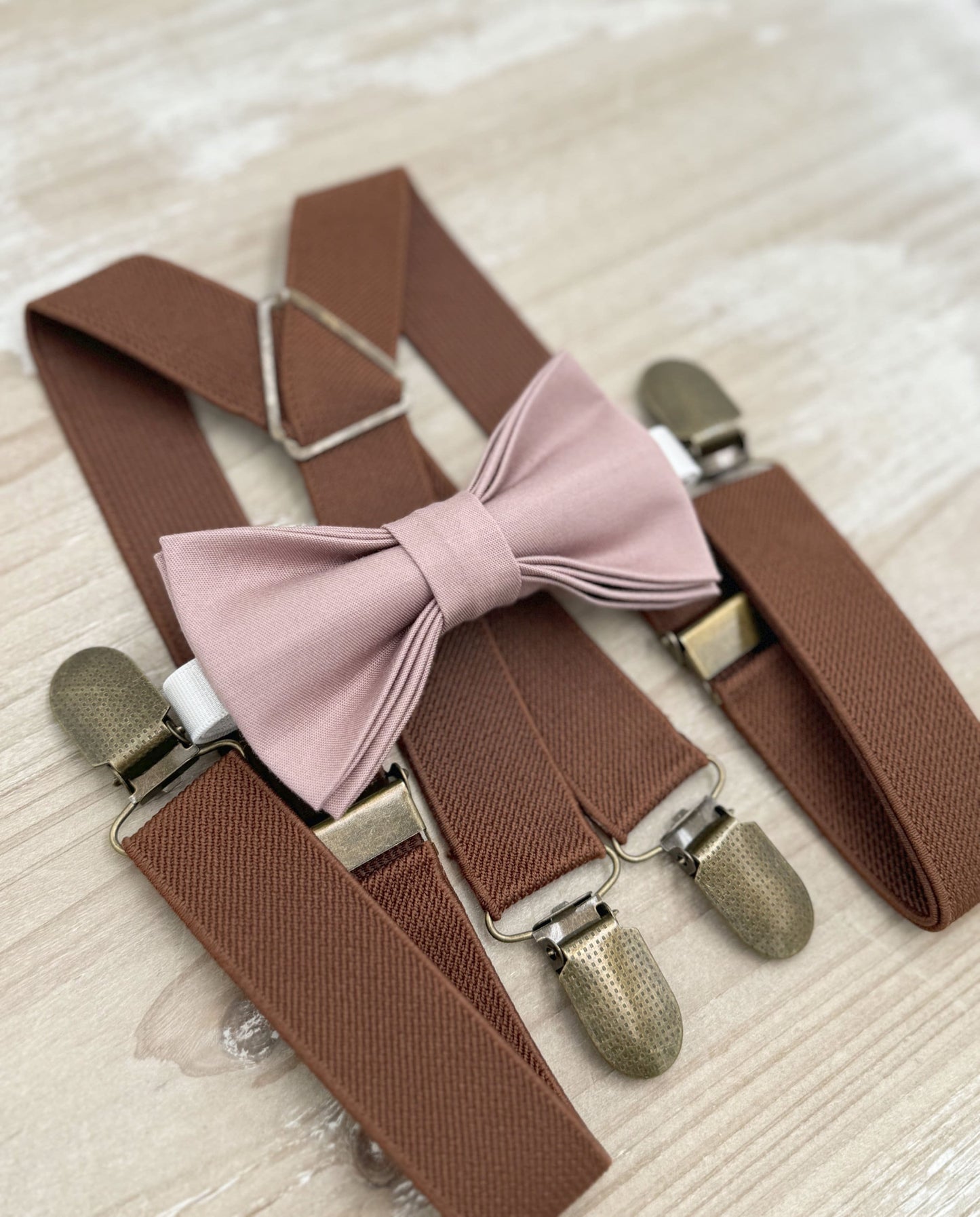 Dusty Mauve Bow tie & Suspenders | Brown X - Back Braces | Quartz Bowtie | Pocket Square | Ring Bearer Outfit | Boho Rustic Wedding