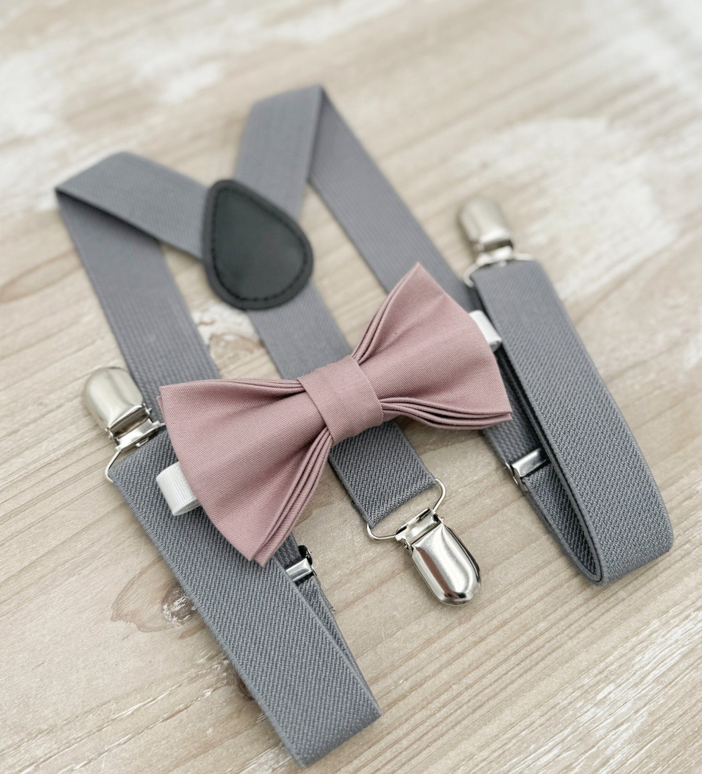 Dusty Mauve Bow tie & Gray Suspenders | Quartz Bowtie | Pocket Square | Ring Bearer Outfit | Boho Rustic Wedding