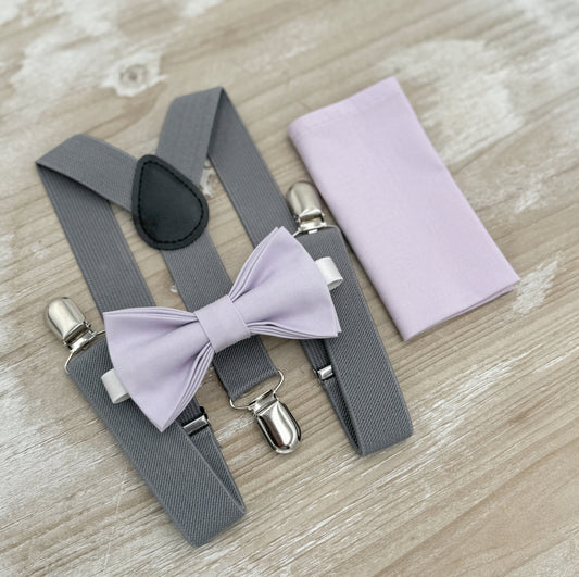 Iris Bow tie & Gray Suspenders | Pocket Square | Ring Bearer Outfit | Boho Rustic Wedding