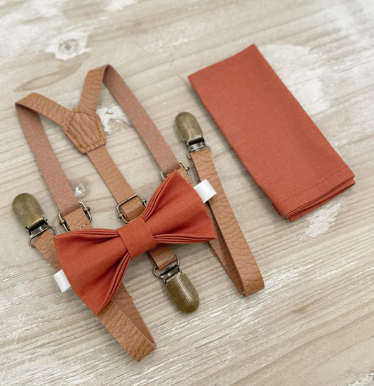 Paprika Bow tie & Suspenders | Skinny Leather Light Brown Braces | Sienna Bow | Pocket Square | Ring Bearer Outfit | Boho Rustic Wedding