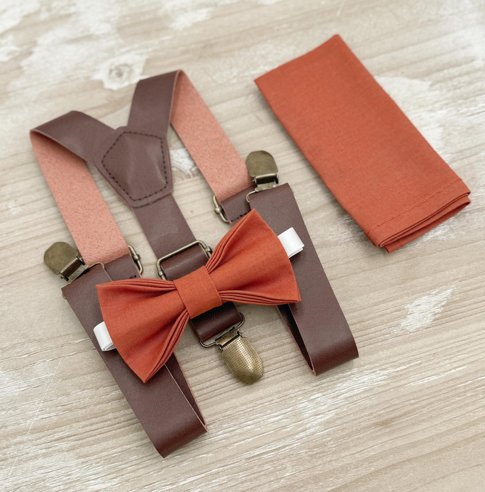Paprika Bow tie & Suspenders | Leather Braces | Sienna Bow | Pocket Square | Ring Bearer Outfit | Boho Rustic Wedding
