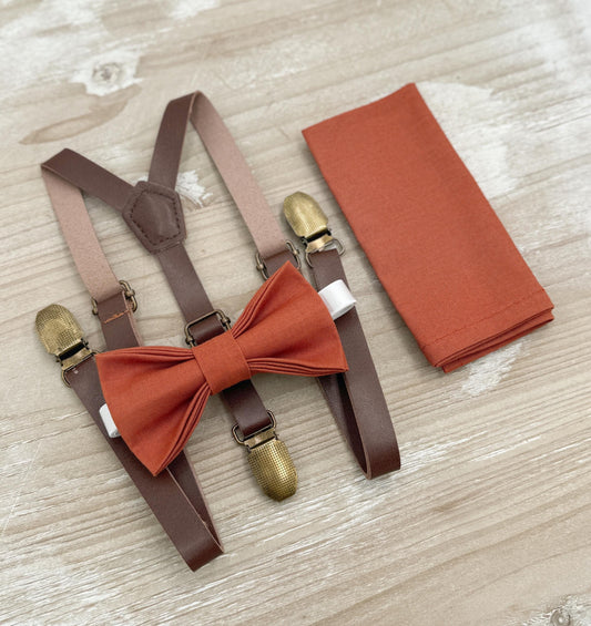 Paprika Bow tie & Suspenders | Skinny Leather Braces | Sienna Bow | Pocket Square | Ring Bearer Outfit | Boho Rustic Wedding